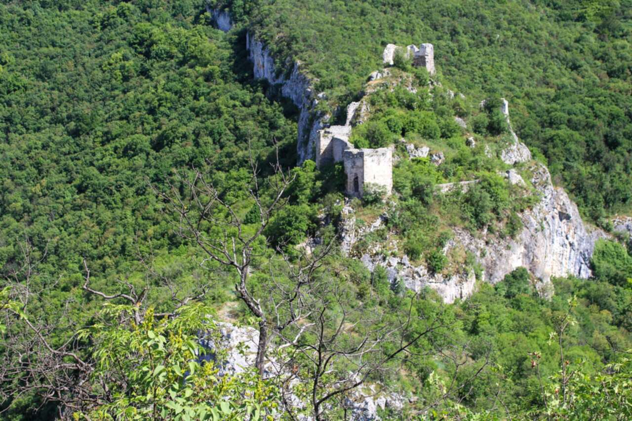 Ruševine Sokograda na stenovitom grebenu iznad šume